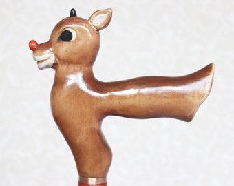 Hand Carved Rudolph Walking Cane: Christmas Reindeer Hiking Stick