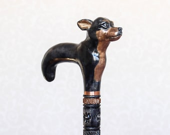Hand Carved Black Dog Walking Cane, Wooden Hiking Stick