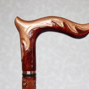 Women&#39;s walking cane Hand carved handle and staff Elegant wooden cane with gold handle Hiking sticks from Ukraine Walking canes and sticks