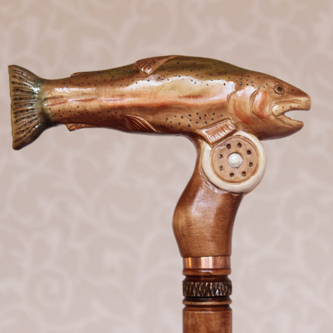 Hand Carved Rainbow Trout Walking Cane: Wooden Hiking Stick for Fisherman 