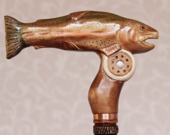 Hand Carved Rainbow Trout Walking Cane: Wooden Hiking Stick for fisherman