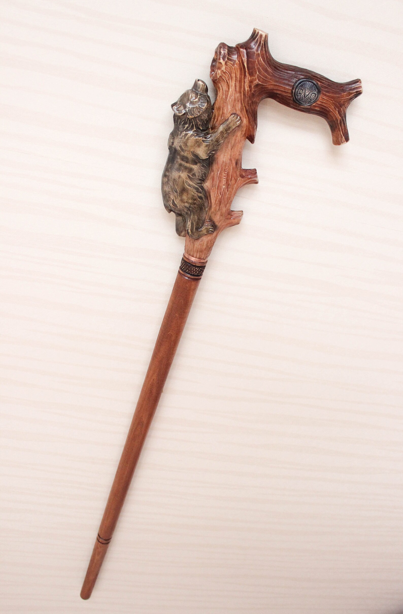Grizzly wooden cane Hand carved handle and simple staff Hiking Etsy