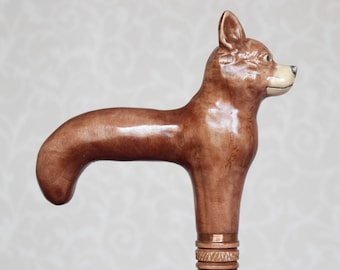 Hand Carved Brown Dog Walking Cane, Wooden Hiking Stick