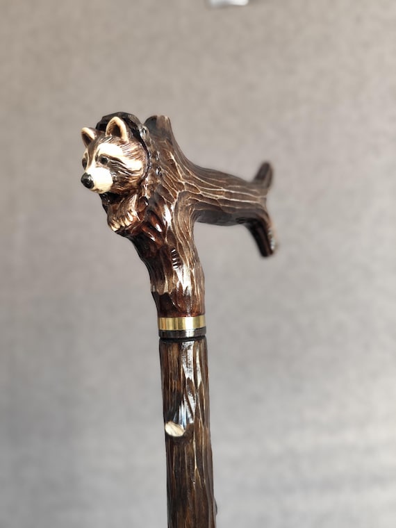 Walking Cane with Raccoon Handcarved Wooden Stick Carved Handle