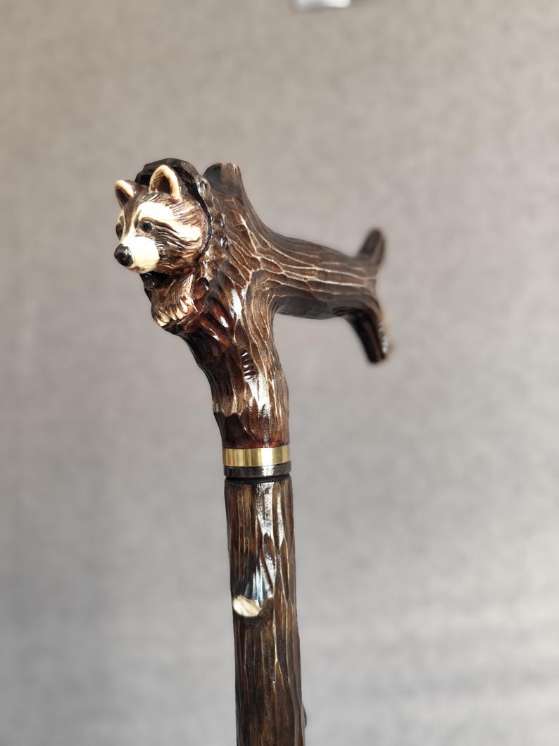 May include: A wooden walking stick with a carved raccoon head handle. The handle is brown and the stick is dark brown.