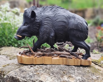 Hand Carved Black Wild Boar Wood Sculpture Figurine (L11"x H9"x W4")