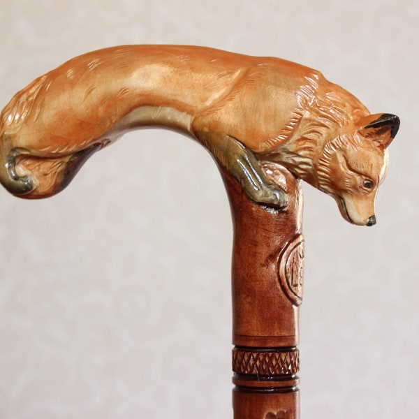 Fox walking cane Hand carved handle and staff Hiking stick Ladies wooden cane Walking sticks canes Gift Fox cane Canes and walking sticks