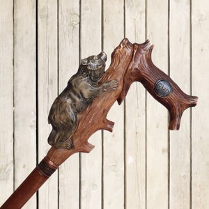 Grizzly wooden cane Hand carved handle and simple staff Hiking stick Bear walking cane Wood canes Handmade walking sticks canes from Ukraine