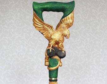 Hand Carved Wooden Walking Cane - Golden Gryphon Hiking Stick