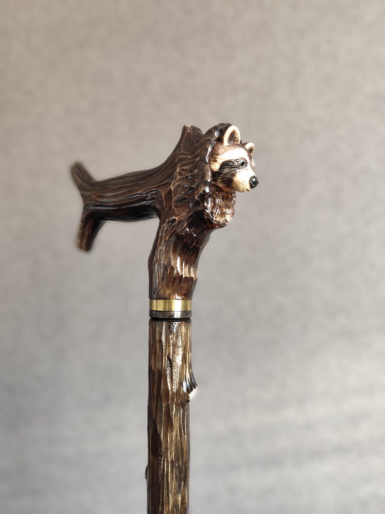 May include: A wooden walking stick with a carved raccoon head handle. The stick is brown and has a gold band near the top.
