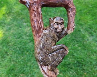 Hand Carved Linden Wood Monkey Cane, Wildlife Art Walking Stick
