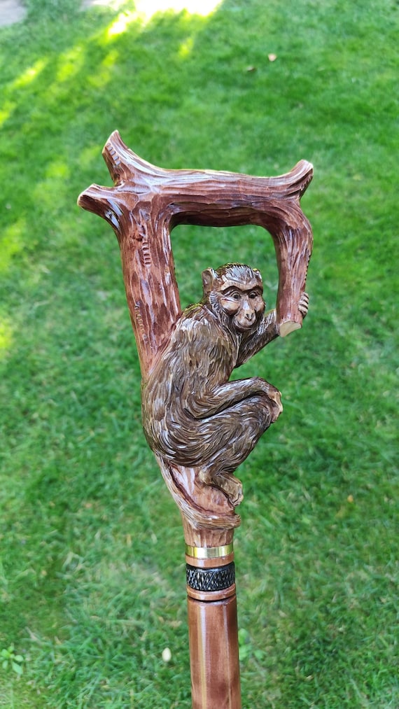Hand Carved Linden Wood Monkey Cane, Wildlife Art Walking Stick - Etsy