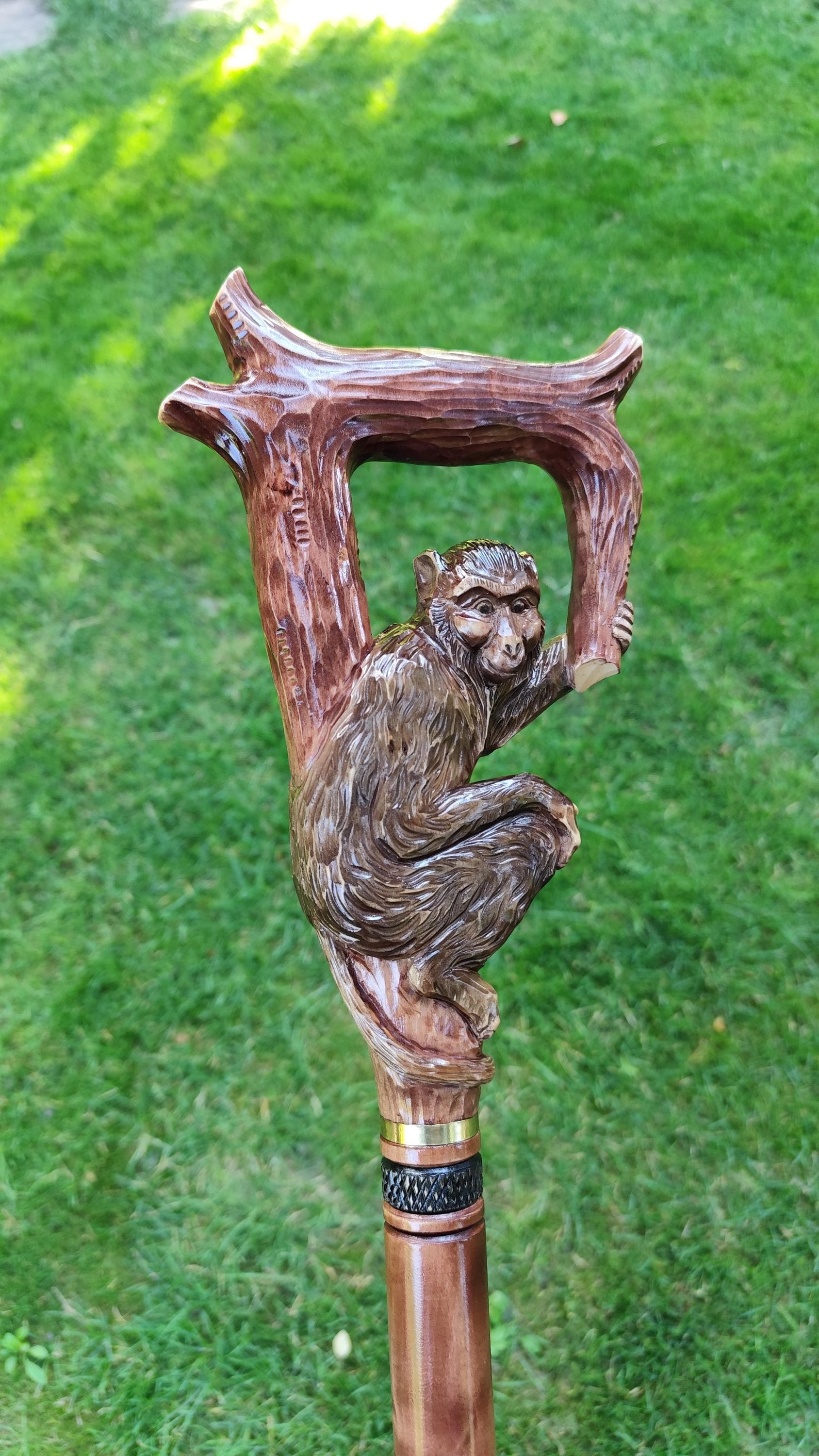 Hand Carved Linden Wood Monkey Cane, Wildlife Art Walking Stick - Etsy