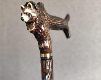Walking Cane with Raccoon Handcarved Wooden Stick Carved Handle