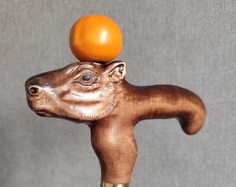 Carved Wood Cane with Capybara & Orange Handle