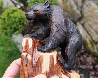 Hand Carved Wooden Grizzly Bear Figurine, Wild Animal Sculpture, Rustic Home Decor