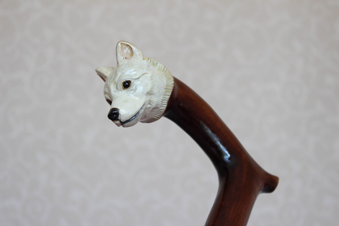 Spitz White Walking Cane Wood Dog Hand Carved Handle and Etsy