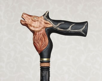 Hand Carved Deer Head Wooden Walking Cane - Handmade Hiking Stick
