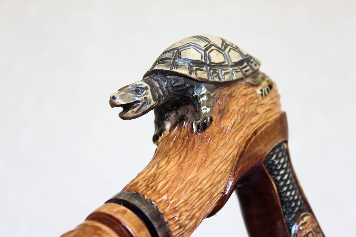 Turtle Hand carved Wooden cane Walking stick with craft handle Etsy