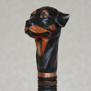 Rottweiler walking cane Wood dog Hand carved handle with simple staff Wooden handmade gift from Ukraine Hiking stick Canes and walking stick