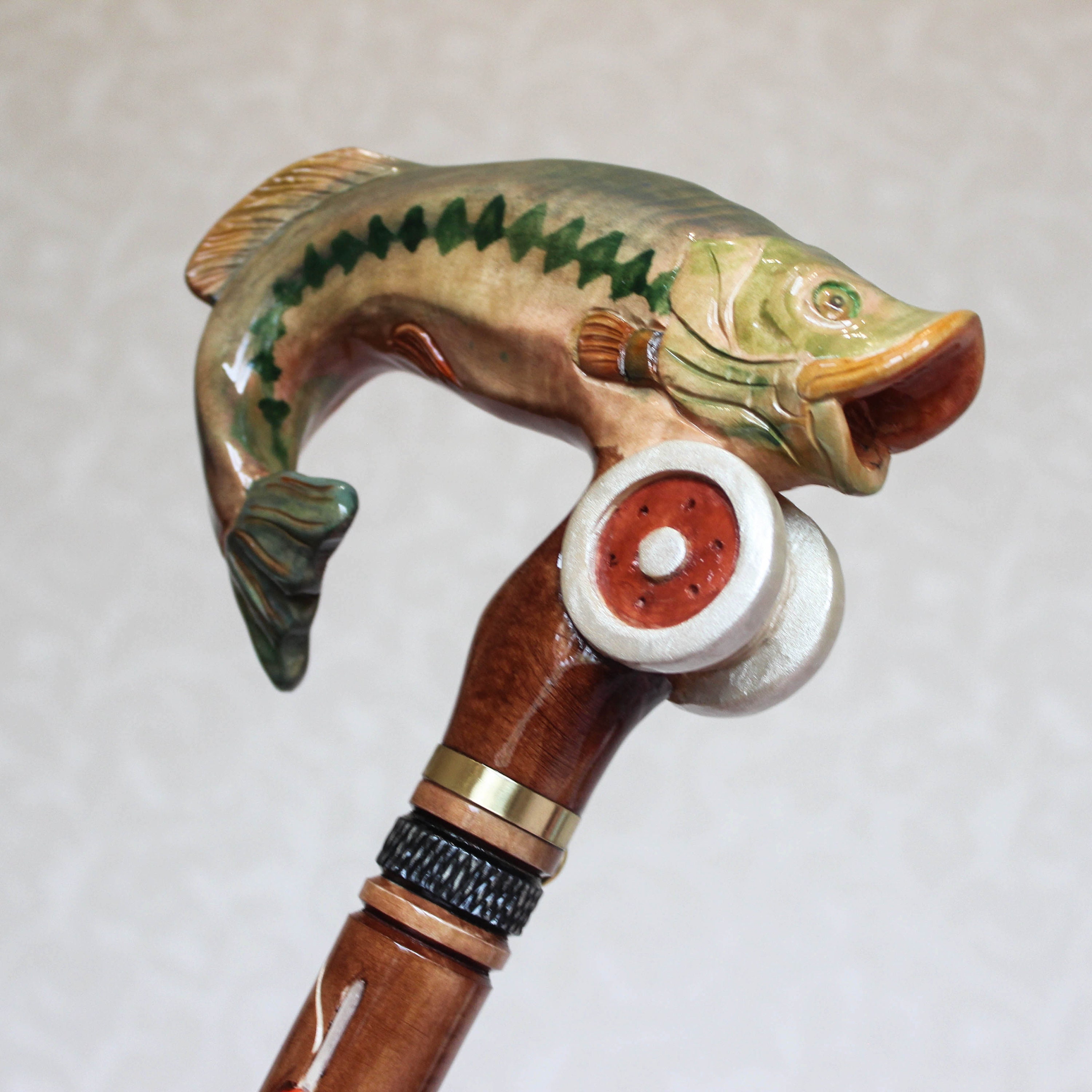 Walking Cane With Fish Largemouth Bass Cane Hiking Stick Hand Carved Cane  From Ukraine Wooden Walking Stick Canes Made to Order Wooden Staff 