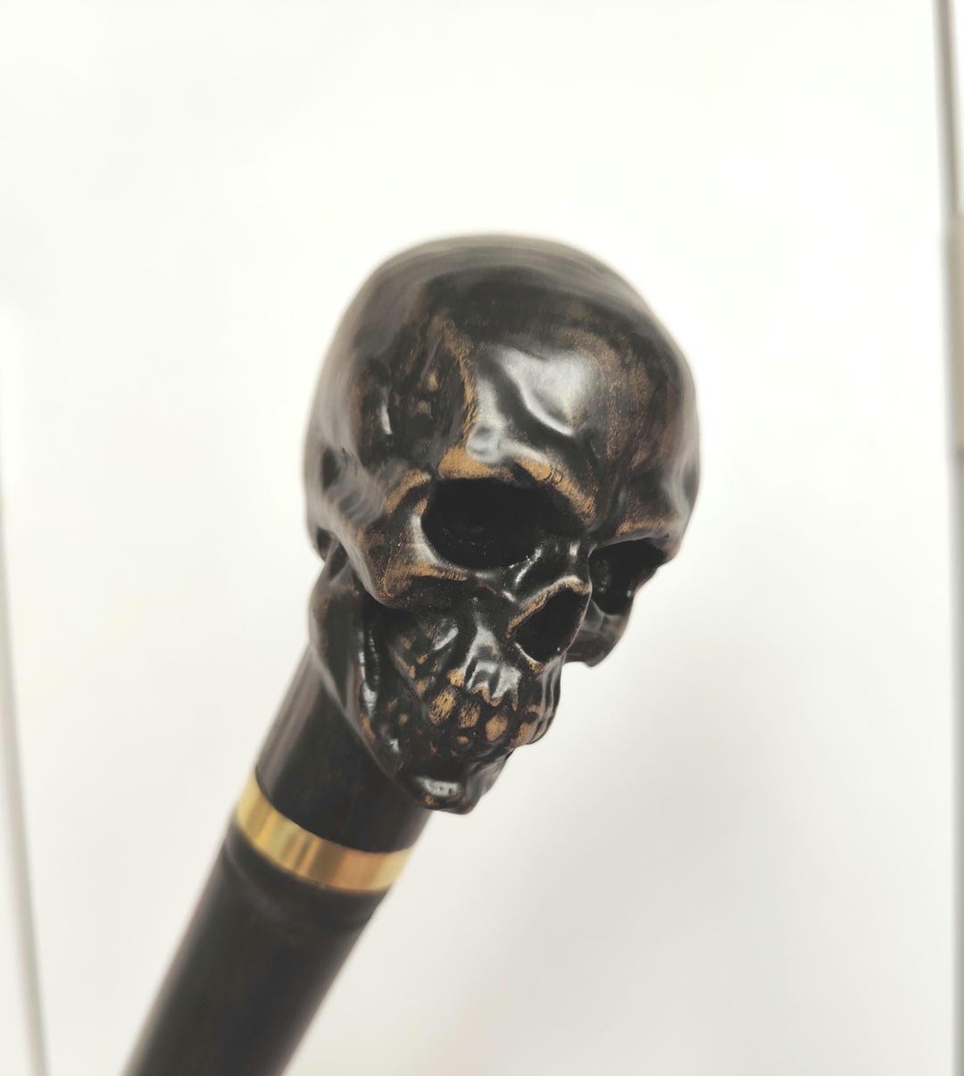 Handmade Wooden Walking Cane, Black Skull Carved Handle, Gift for