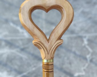 Handmade Wooden Cane, Carved Heart Handle Walking Stick