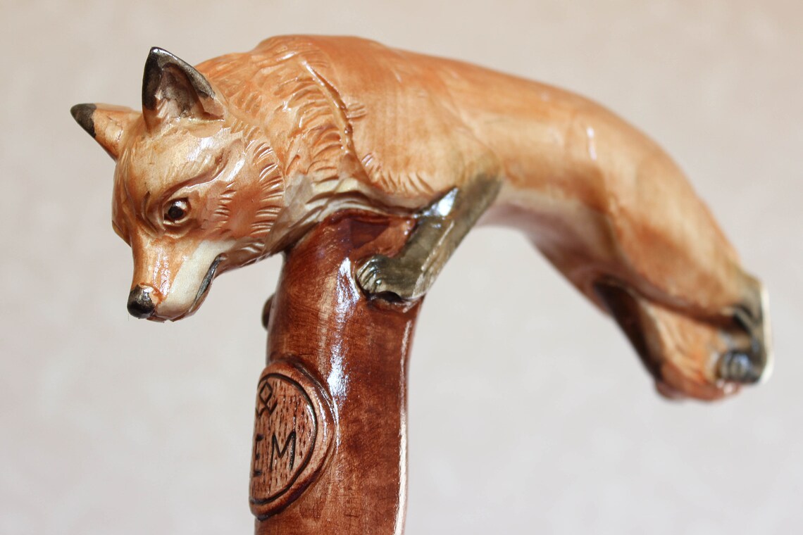 Fox walking cane Hand carved handle and staff Hiking stick Etsy