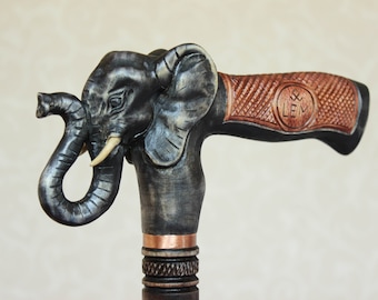 Hand Carved Black Elephant Wooden Walking Cane: Handmade Hiking Stick