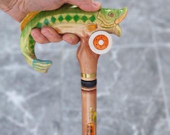 Hand Carved Bass Fish Walking Cane – Linden Wood Fisherman Walking Stick