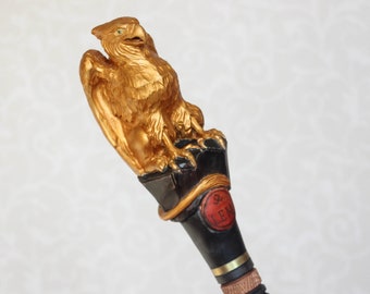 Hand Carved Golden Gryphon Walking Cane: Wooden Hiking Stick
