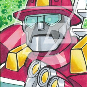 May include: Illustration of a cartoon robot firefighter in a red and yellow helmet, with a silver face and three yellow lights on its arm. The background is green with white dots.