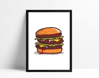 BFF Gift Idea Retro Food Poster Red Kitchen Print Beef Burger Art Apartment Art Living Room Decor Mid Century Modern Illustration