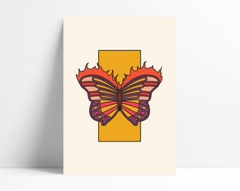Burning Butterfly Printable Downloadable Wall Art Print Poster 1970's Retro Seventies 70's Style Vintage Minimal Simple