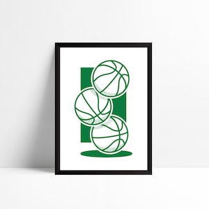 Op de afbeelding: Drie groene basketbalen gestapeld op elkaar, met een groene rechthoek erachter.