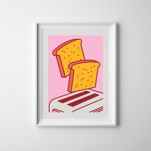 Puede incluir: Un fondo rosa con una tostadora blanca y dos rebanadas de pan que salen. El pan es amarillo con bordes rojos. La tostadora es blanca con detalles rojos.