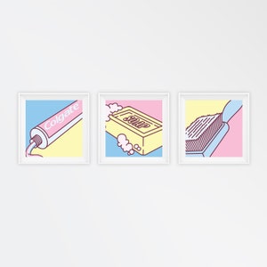 3er Set Seife Zahnpasta Haarbürste Badezimmer Pop Art Druckbares Quadrat Poster Wanddekoration Download digital