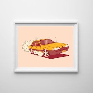 May include: A yellow car with a cartoon character driving, the car is leaving a trail of smoke behind it, the license plate reads "AGRO"