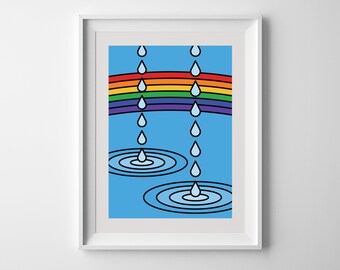Rainbow Rain Raindrop Printable Print Poster Pop Art Wall Decor Minimal Artwork Downloadable Digital