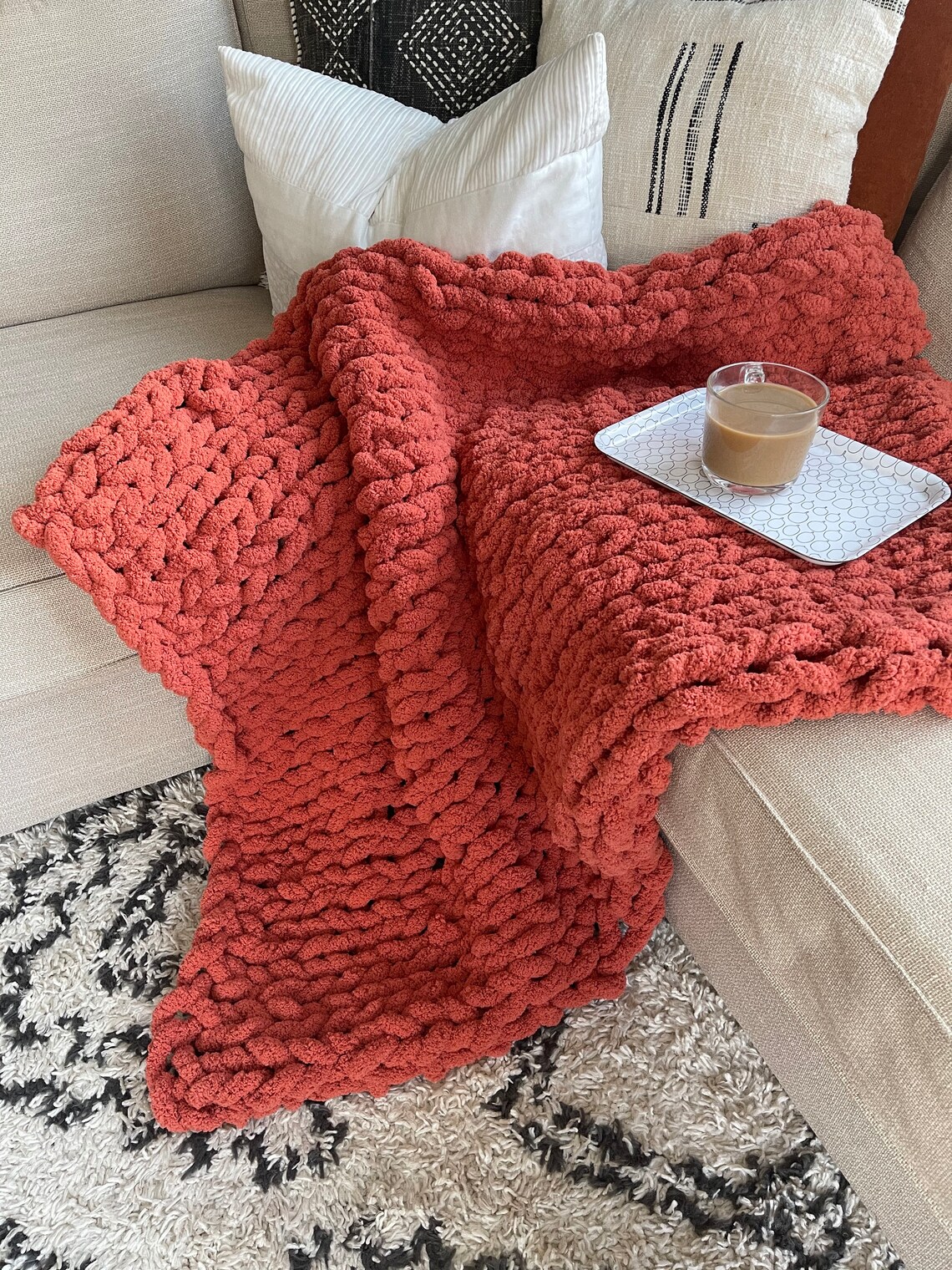 Chunky Hand Knit Blanket Throw Blanket Multi Color Etsy