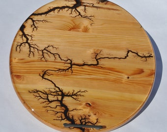 Wood tray, wood art, round, pine,  hand made, Lichtenburg fractal burning, gift, birthday, metal handles, unique, medium