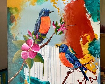 New Song-Original Abstract & Bird Painting on Canvas (24x30)-Vibrant Contemporary Wall Art