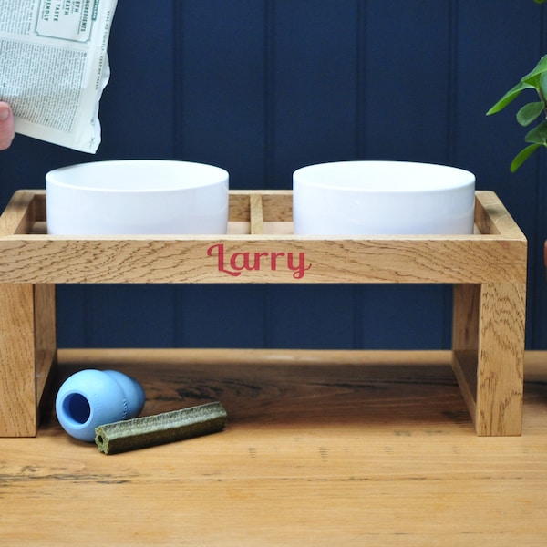 Personalised Oak Raised Dog Bowl Stand and Bowls