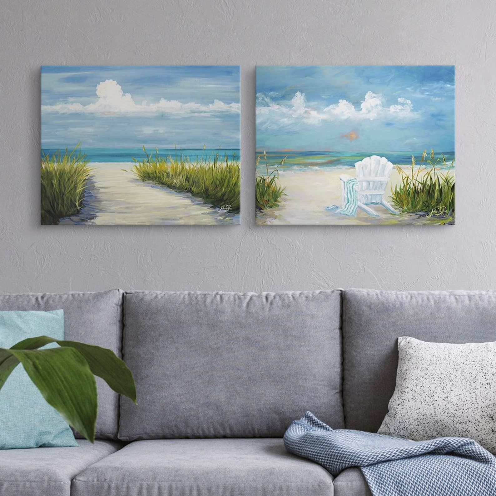 2 Piece Beach Scene Canvas Wall Art Print Set Coastal Home - Etsy