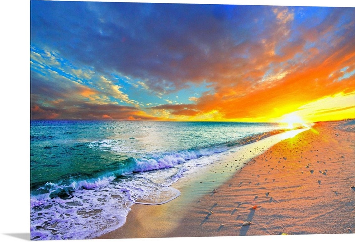 Orange Sunset Beach Turquoise Ocean Metal Wall Art Print - Etsy