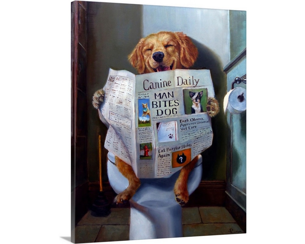 Dog Sitting on Toilet Reading Newspaper Funny Pop Art Canvas Etsy