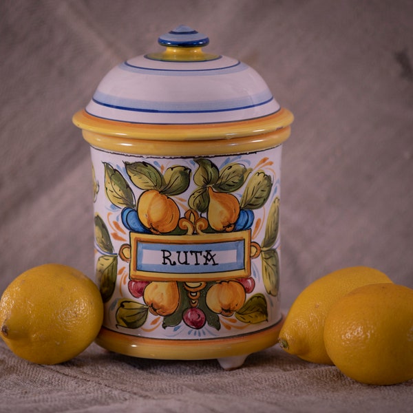 Vintage Italian Ceramic Canister +Vintage Hand Made Canister + Ruta Canister + Tuscan Kitchen + Mediterranean Style Kitchen