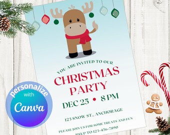 Invito alla festa di Natale Little Moose, 5x7 Canva (download digitale)