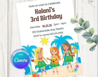 Invito di compleanno per bambina hula, tema tropicale Aloha (download del modello Canva)