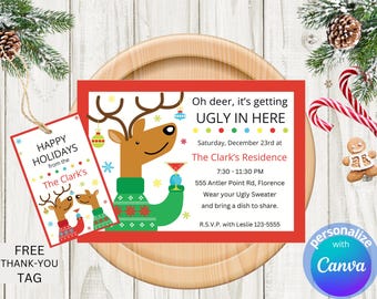 Invito per la festa di Natale "Oh Deer Ugly Christmas Sweater", 5x7 (modificabile con Canva)